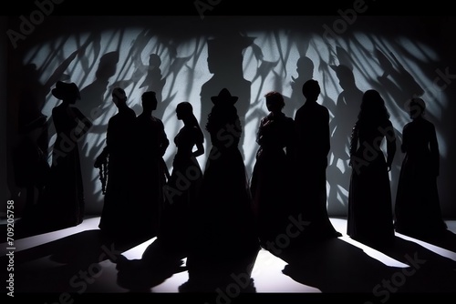 close-up grayscale photograph of avant-garde play on a darkened stage showing standing actors in silhouette with shadows on the backdrop. From the series “Lost Cities of Central Asia.”