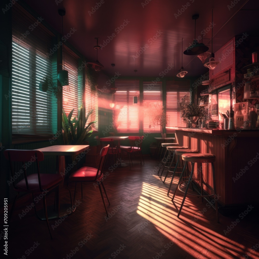 Interior color photograph of a small cafe at the golden hour, with tables and countertop serving, vaporwave color, potted plants. From the series “Golden Age.”