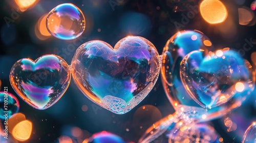 Vivid heart-shaped soap bubbles glowing in neon light reflections with a bokeh effect. Valentine day background with foam
