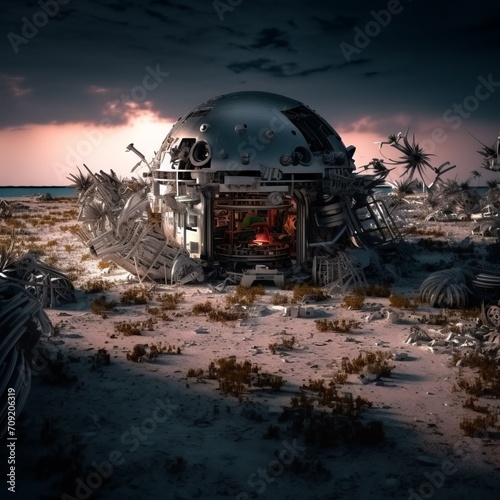Post-apocalyptic science fiction color illustration of a desert scene under a louring sky with a steel dome at the center showing a red glow through a doorway. From the series “Terminal Beach.