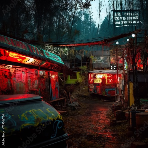 Color photograph of a rundown outdoor marketplace in a transient camp in a forest with shops made of salvaged materials, harsh electric lighting, litter, cowboy shot. From the series “Tropicana.