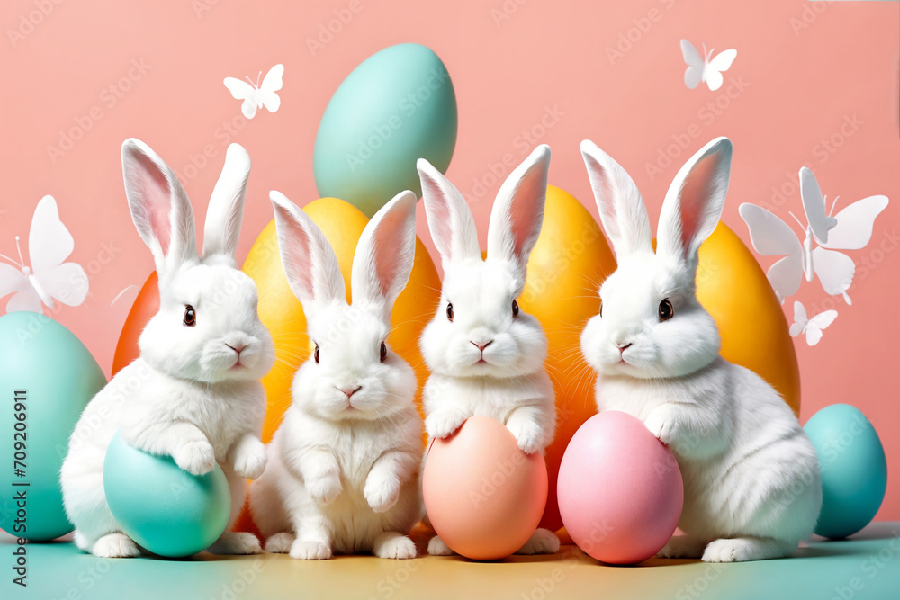 Fototapeta premium White fluffy bunnies sits on a color background next to eggs. Easter rabbits on colorful background. Cute pet studio shot. Generative Ai