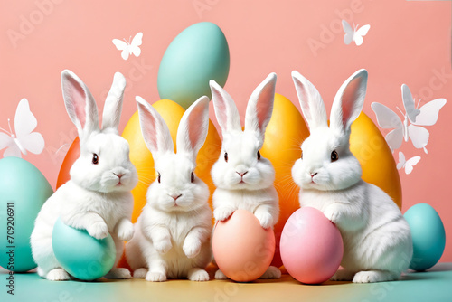 White fluffy bunnies sits on a color background next to eggs. Easter rabbits on colorful background. Cute pet studio shot. Generative Ai © SOLOTU