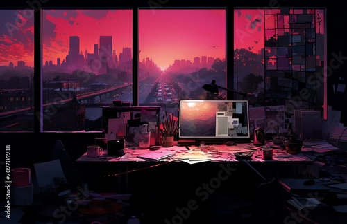 Vaporwave color illustration of a littered desk and computer workstation facing a picture window overlooking a busy freeway with a city skyline background. From the series “Interiors."