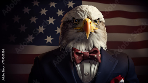 A cute bald eagle in a business suit and the american flag