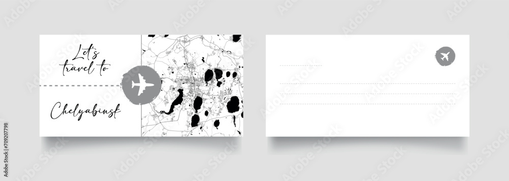 Travel Coupon to Asia Russia Chelyabinsk postcard vector illustration