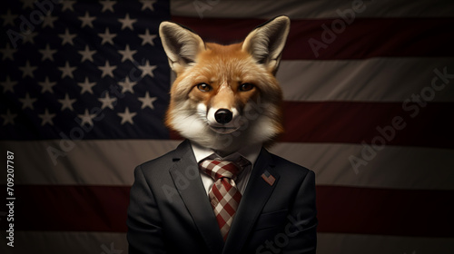 A cute fox in a business suit and the american flag