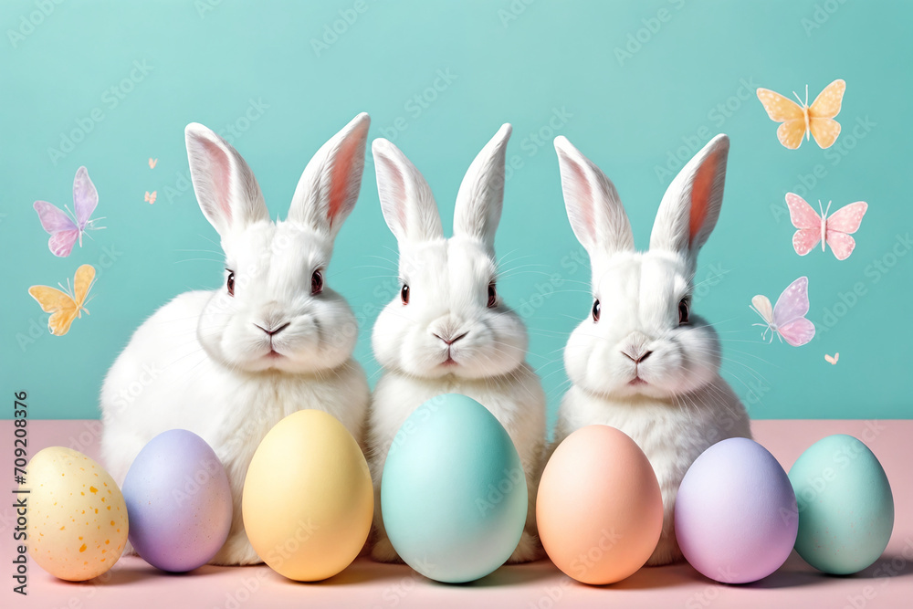 White fluffy bunnies sits on a color background next to eggs. Easter rabbits on colorful background. Cute pet studio shot. Generative Ai White fluffy bunnies sits on a color background next to eggs. Easter rabbits on colorful background. Cute pet studio shot. Generative Ai