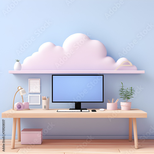 realistic mockup with an empty desk of an imac black screen zoom in, soft baby blue and purpple pastel colors wall cute 3d 5 clouds wallpaper, 4k photo