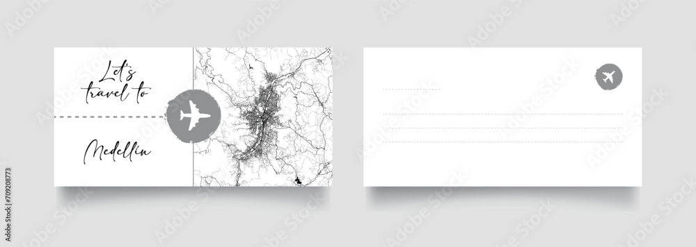 Fototapeta premium Travel Coupon to South America Colombia Medellin postcard vector illustration