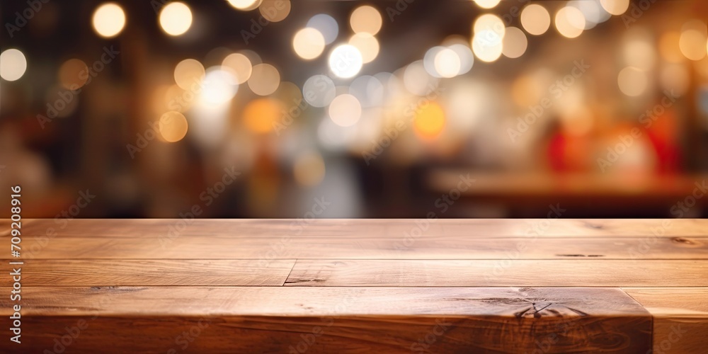 Blurry background with bokeh lighting, featuring a wooden table for product display near a grocery store. Blurry background with bokeh lighting, featuring a wooden table for product display near a grocery store.