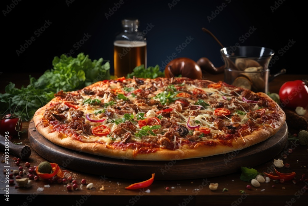 Appetizing pizza in a restaurant with a romantic atmosphere with candles. Pizza in an Italian restaurant on a wooden board. Delicious pizza baked in the oven. Pizzeria advertising, pizza delivery.
