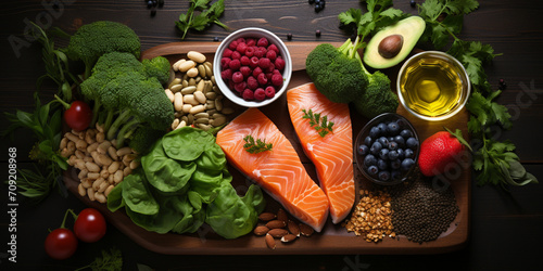 Food flexitarian diet health dinner Assortment of healthy food with raw salmon steaks Low-carb Kato goodness, healthy eating with protein and healthy fats Principles and rules of a healthy lifestyle. photo