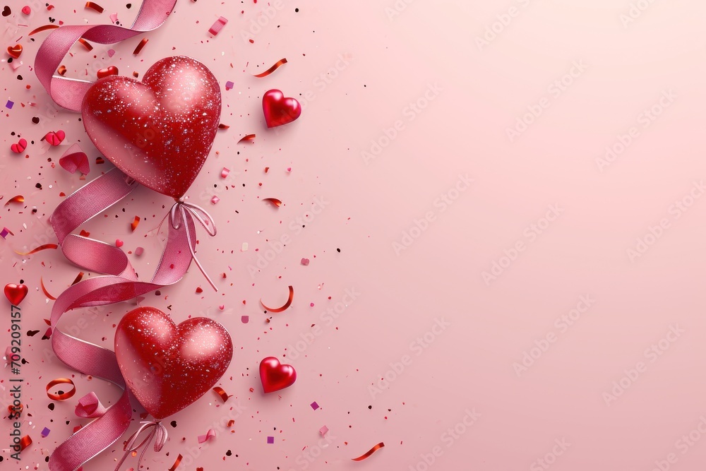 Valentine's Day card with red ribbon, sweets, and pink background