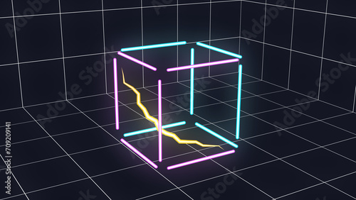 Abstract 3d neon glowing futuristic geometric cube illustration isolated on grid background.