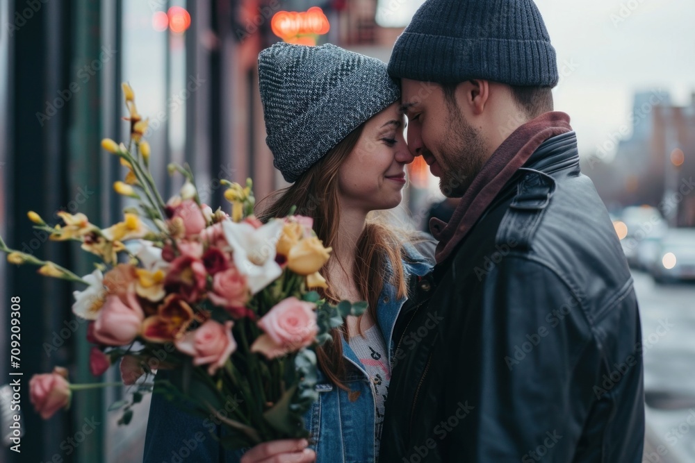 Young couple dating in the city with flowers