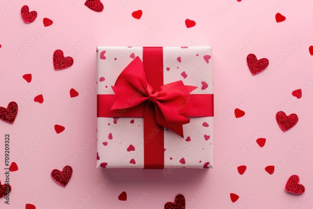 Pink gift box with red bow on pink background Pink gift box with red bow on pink background