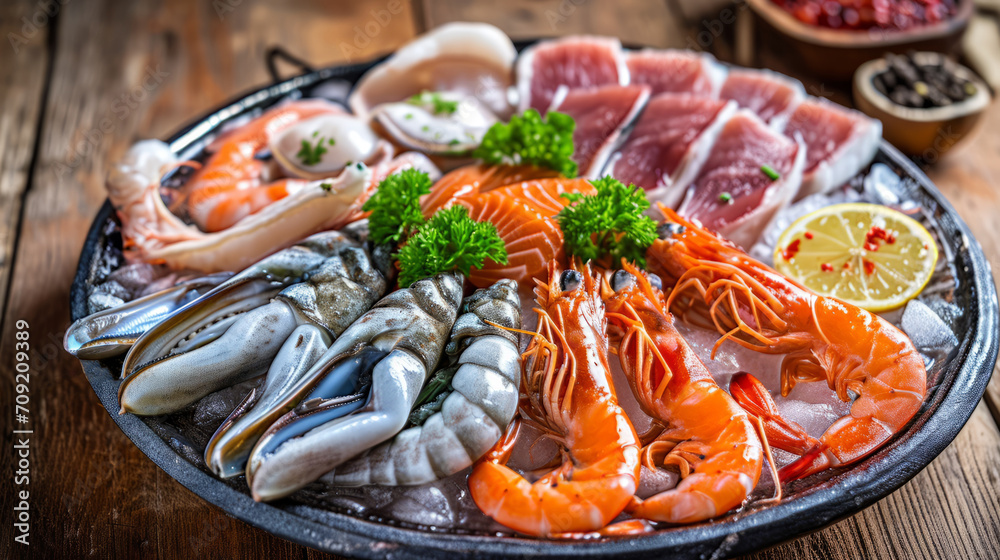 Seafood consists of assorted seafood on a plate with a wooden background Seafood consists of assorted seafood on a plate with a wooden background