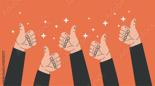 Many thumbs up. Social network likes, approval, feedback concept. Vector flat illustration