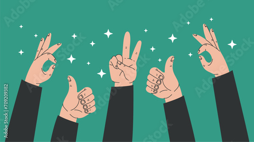 Many thumbs up. Social network likes, approval, feedback concept. Vector flat illustration photo