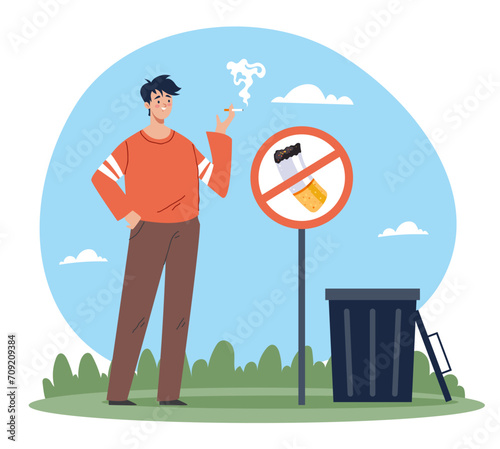 Bad people character smoking under sign no smoke. Vector flat cartoon illustration