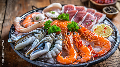  Seafood consists of assorted seafood on a plate with a wooden background