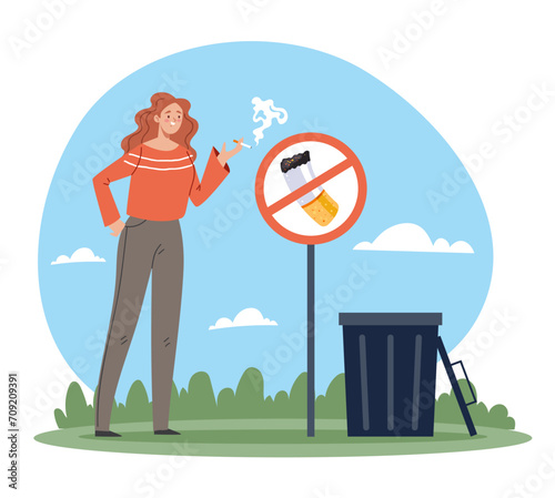 Bad people character smoking under sign no smoke. Vector flat cartoon illustration
