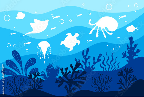 Underwater sea ocean world fish abstract concept. Vector graphic design illustration
