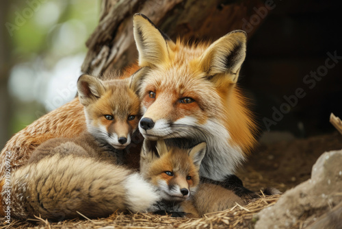 A red fox family shares a tender bonding moment in their cozy den
