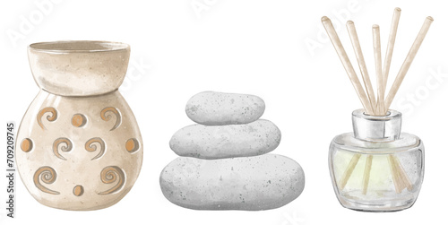 Accessories for aromatherapy. Ceramic aroma lamp, stones, wooden incense sticks in a transparent glass bottle. Hand drawn illustration isolated on white background. Healthy lifestyle concept