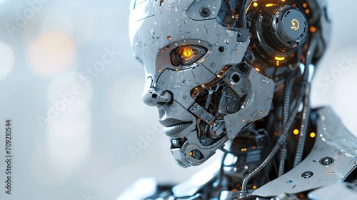 A white 3D rendering of a digital AI robot head with a graphic brain engine, on a background with a clipping path.
