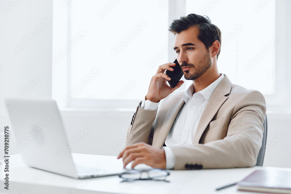 Talk man winner happy smile office smart computer businessman phone job laptop Talk man winner happy smile office smart computer businessman phone job laptop