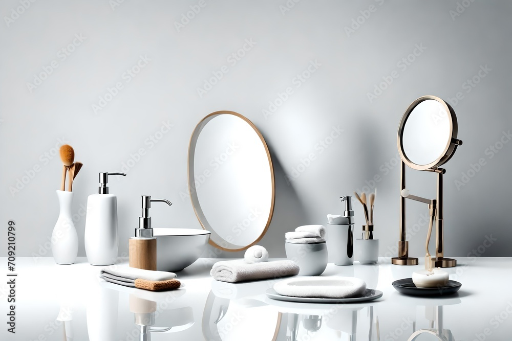 Various bathroom objects on a white background with space for text- - obrazy, fototapety, plakaty 