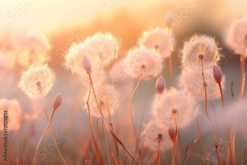 pastel peach color dandelion flowers with soft morning light natural background