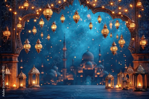 Ramadhan Kareem Splendor Lanterns and Mosque Background in Light Navy and Gold