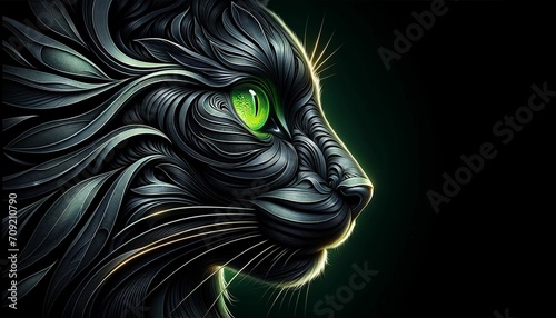 A side profile of a black and green feline cat lion tiger face Landscape photo