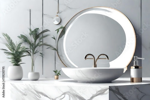 White bathroom interior design  round washbasin  dispenser and plant on white marble counter with round mirror in modern minimalist style 3d illustration. 