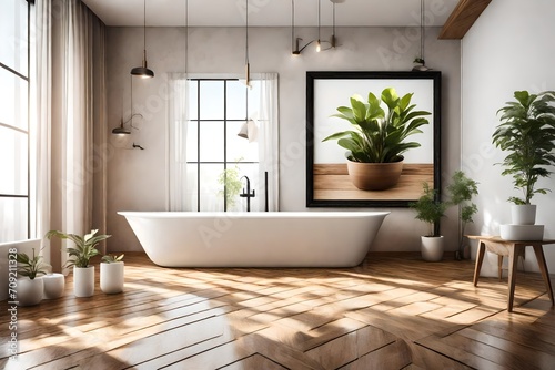 a mockup picture frame on a lovely wall over the bathtub in the bathroom with a planter  furnished with cozy furnishings on a wooden floor  Generative AI-