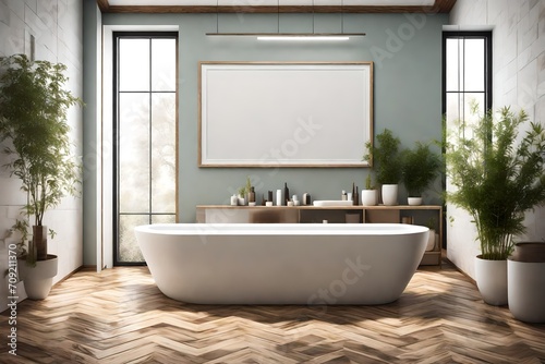 a mockup picture frame on a lovely wall over the bathtub in the bathroom with a planter  furnished with cozy furnishings on a wooden floor  Generative AI-