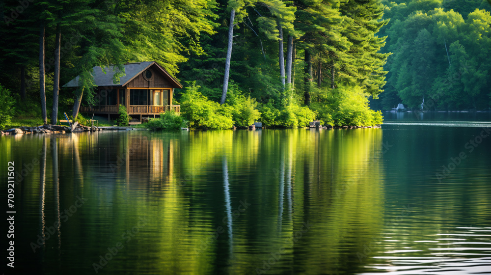 Beautiful tranquil water side landscape with boat and small cabin