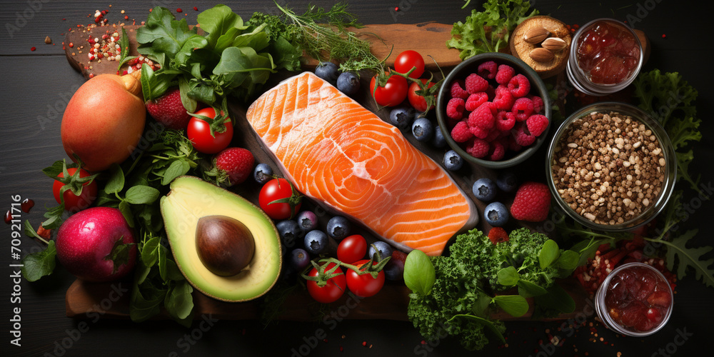 Ingredients of a healthy diet meal plan protein fat Fresh seafood fillet with grilled with organic fruit and vegetable variation on wood table and lemon slice variation Healthy food clean eating. - obrazy, fototapety, plakaty 