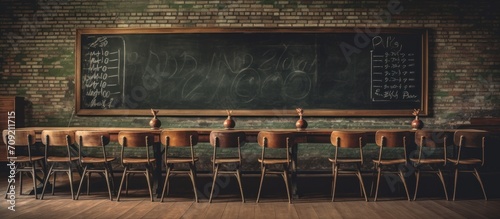 blackboard on a brick wall  flanked by rows of wooden chairs