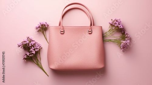 Stylish Woman's Day Composition: Trendy Pink Leather Bag with Mobile Phone, Glasses, and Floral Accessories on Soft Pastel Background