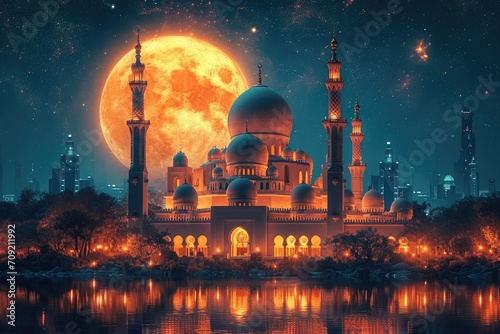 Ramadhan Kareem Splendor Lanterns and Mosque Background in Light Navy and Gold