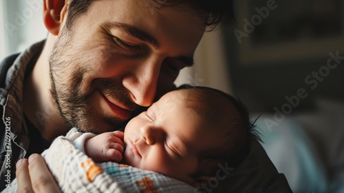 A picture of a youthful dad embracing his infant child. Parental affection lone papa father's celebration idea. photo