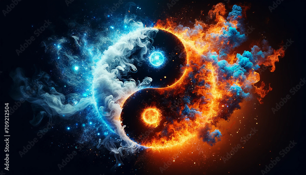 Yin and Yang symbol in fire and ice with smoke and spark effect - obrazy, fototapety, plakaty 