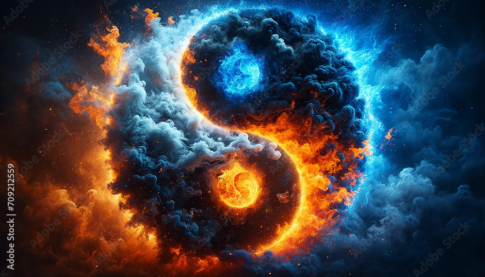 Yin and Yang symbol in fire and ice with smoke and spark effect Stock ...