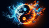 Yin and Yang symbol in fire and ice with smoke and spark effect