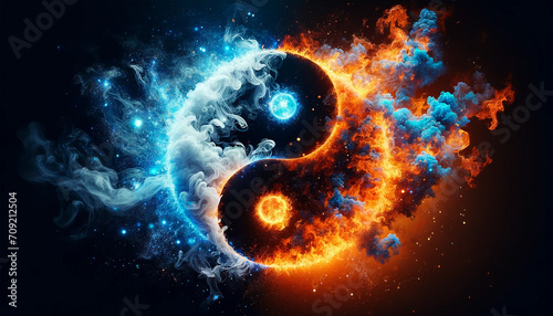 Yin and Yang symbol in fire and ice with smoke and spark effect photo