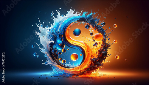 Water splash with yin and yang symbol. Fire and ice color cencept. photo